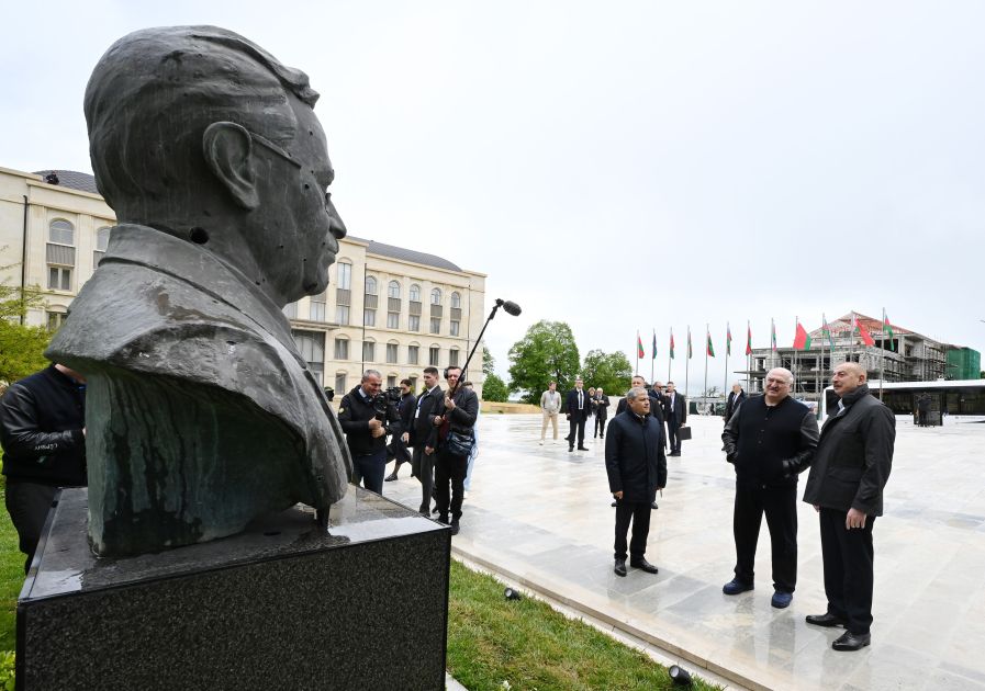 Presidents of Azerbaijan and Belarus view bullet-riddled monuments [PHOTOS]