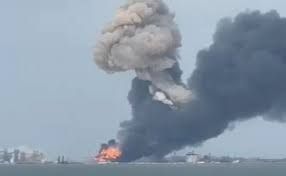 Railway ferry with fuel tanks explodes in Russian port, as claimed to have been hit by Ukraine's missile Neptune