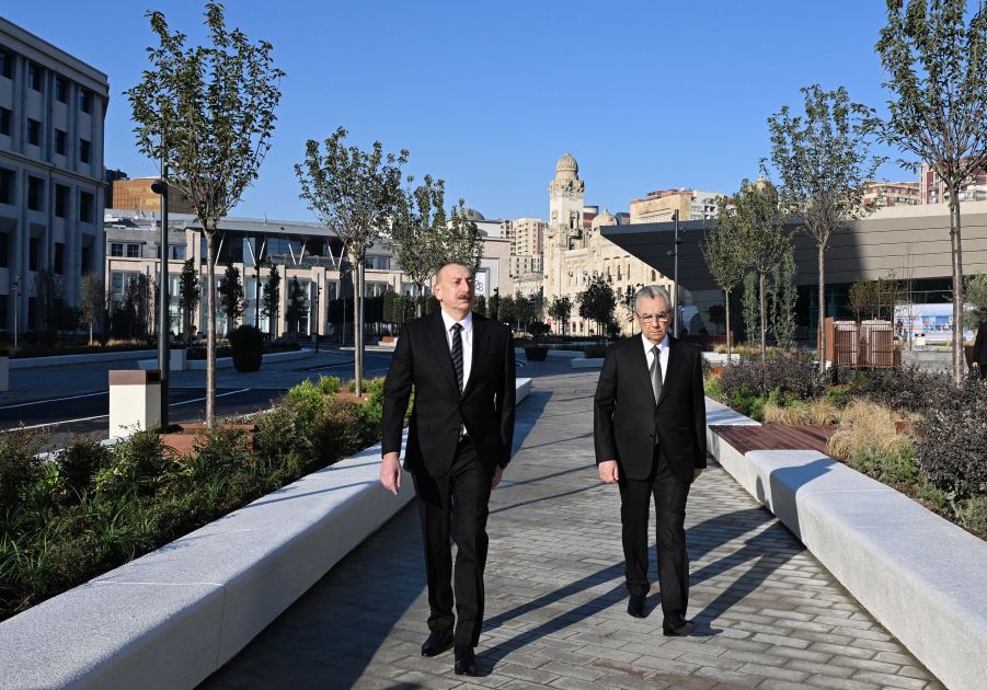 President Ilham Aliyev reviews upgraded conditions following landscaping and reconstruction efforts in front of Baku Railway Station and 28 May metro station [PHOTOS]