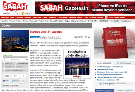 Turkish newspaper publishes article on Azeri independence anniversary